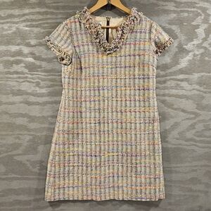 Sara Campbell SZ 12 Multi Color Short Sleeve Sheath Tweed Lined Dress Fringe